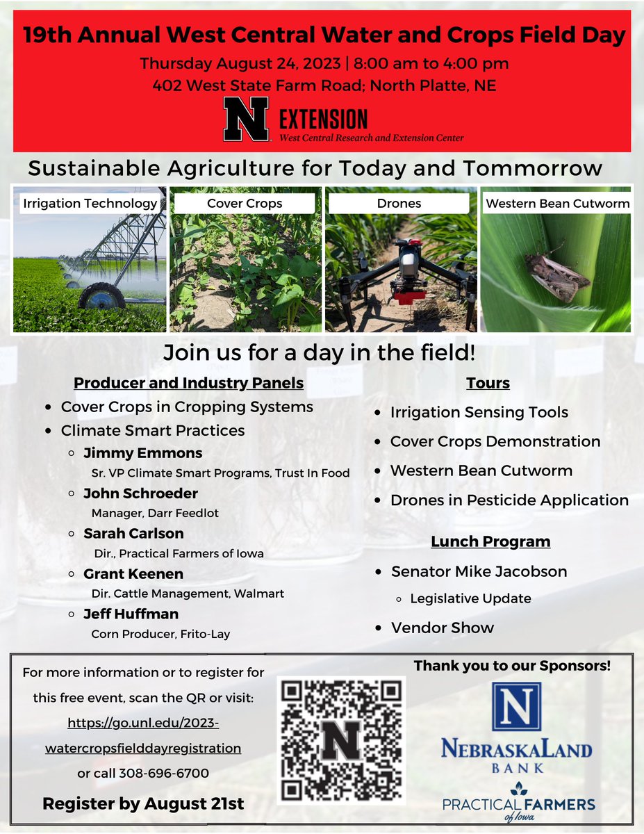 I am getting excited for our West Central Water & Crops Field Day!! Thursday Aug 24, 8am-4pm. Register here: bit.ly/3YGRNE5 Hear more about #westernbeancutworm, cover crops, drones, and Climate Smart consumer markets: