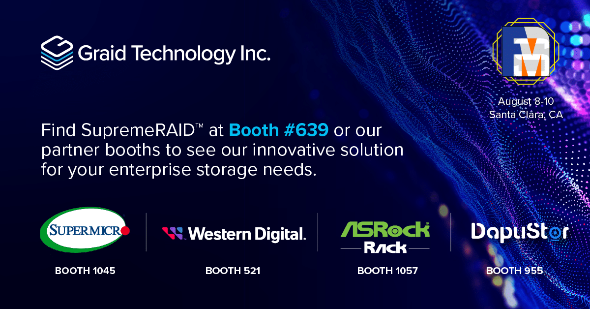 GraidTechnology's tweet photo. 🌊 SupremeRAID™️ and partners are making a splash across the #FMS2023 showroom floor! 🎉 Find us in Booth 639 to learn how SupremeRAID™️ delivers optimal performance, scalability, and reliability -- showroom floor opens at 3p PST, see you there... 🤝  https://t.co/7xHqQPEqjX https://t.co/tm9ejOeQin