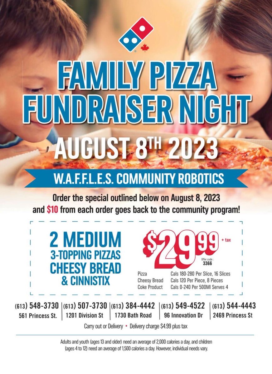 Guess what? It’s another pizza fundraiser today! Order from a Domino’s location in Kingston using our coupon code (3366) to get a great deal on dinner 😋 🍕 🧇 #omgrobots #stemygk #kingston