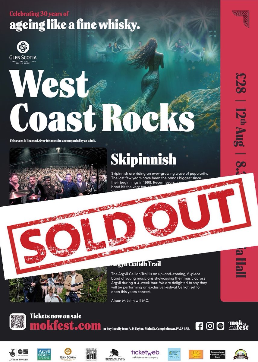 mokfest (@mokfest) on Twitter photo We are delighted to announce that this years <a href="/GlenScotiaMalts/">Glen Scotia</a> West Coast Rocks Concert with Skipinnish, Ceòl an Aire & Argyll Ceilidh Trail is now sold out.
Tickets for the other 6 concerts are still available at mokfest.com/tickets/ & A.P. Taylor, Main St, Campbeltown. We are delighted to announce that this years <a href="/GlenScotiaMalts/">Glen Scotia</a> West Coast Rocks Concert with Skipinnish, Ceòl an Aire & Argyll Ceilidh Trail is now sold out.
Tickets for the other 6 concerts are still available at mokfest.com/tickets/ & A.P. Taylor, Main St, Campbeltown.