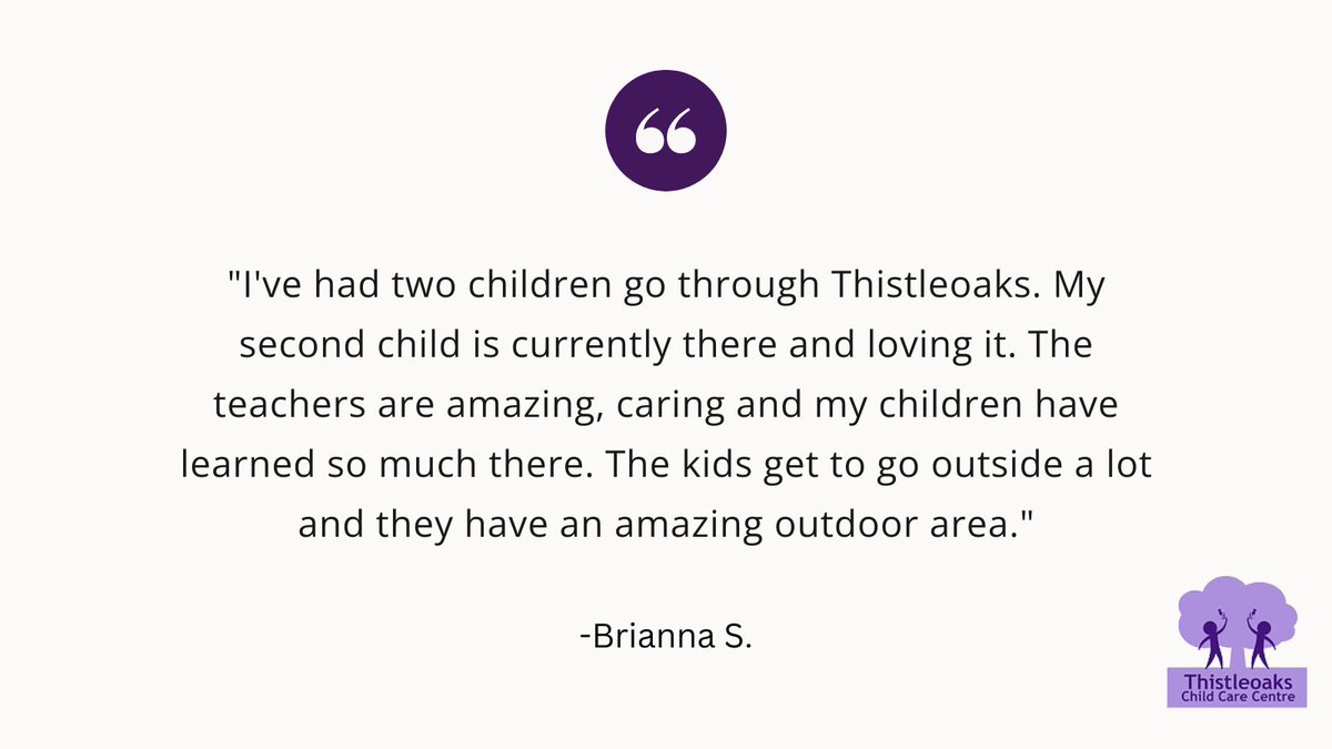 ThistleoaksCCC's tweet photo. We ❤️ our families!

"I've had two children go through Thistleoaks. My second child is currently there and loving it. The teachers are amazing, caring and my children have learned so much there. The kids get to go outside a lot and they have an amazing outdoor area." -Brianna S. https://t.co/oOD2ojULZt