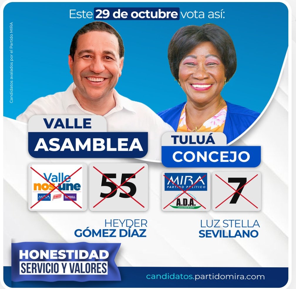 #CandidatosMIRA2023 Trabajan con  HONESTIDAD, SERVICIO Y VALORES.
Este 29 de Octubre yo voy a votar así: <a href="/HeyderGomez/">Heyder Gómez Díaz</a> #55 ASAMBLEA  y <a href="/LuzSevillano/">Luz Stella Sevillano</a> LUZ ESTELLA SEVILLANO #7 AL CONCEJO TULUÁ-VALLE.

candidatos.partidomira.com/c/luz.sevillan…
