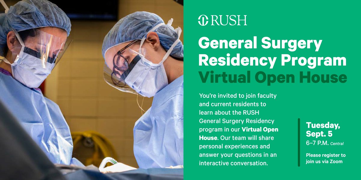 RushSurgery's tweet photo. You’re invited to join faculty and current residents to learn about the RUSH General Surgery Residency program in our virtual open house. Our team will share personal experiences and answer your questions in an interactive chat via Zoom. Register: https://t.co/9DFdrNLg5G https://t.co/iMCrqm9G0u