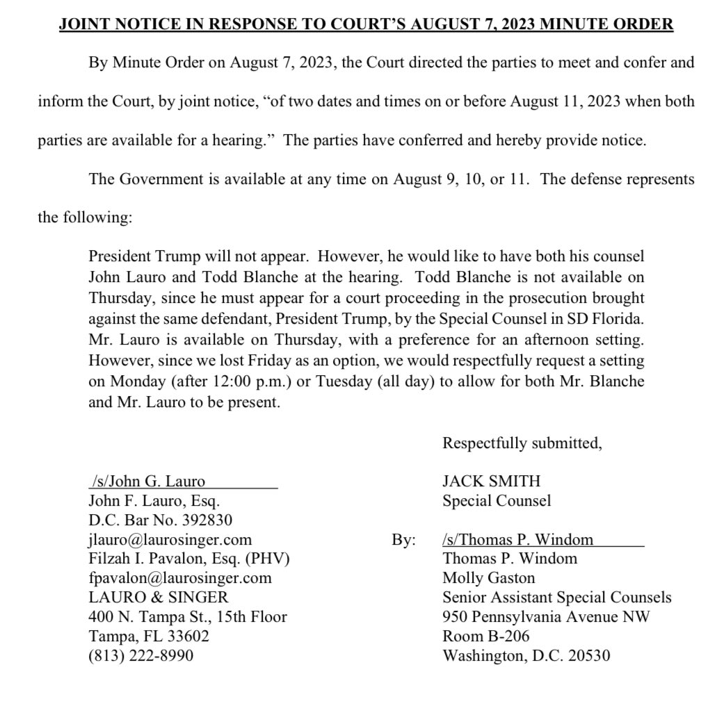 MeidasTouch's tweet photo. You will be shocked to learn that Trump’s lawyers are requesting a delay of the hearing to discuss the proposed protective order until next week.
DOJ is prepared to meet at any time.
Judge Chutkan had ordered both parties to find a time to meet this week. https://t.co/8hR3RVztq7