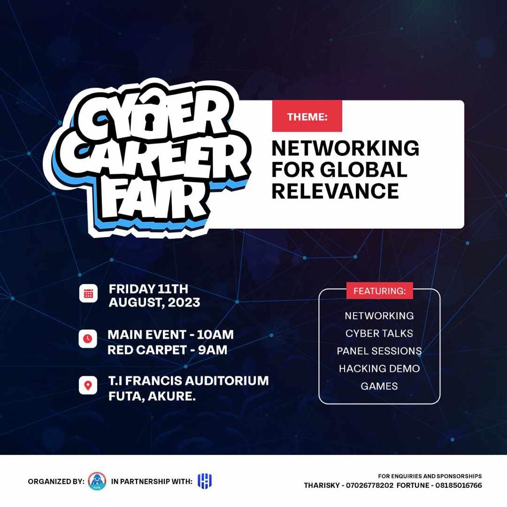 The #Cybercareerfair23 is the event of its kind and is aimed to help students and enthusiasts make more informed Career decisions in #cybersecurity. 
We can't wait to have you join us on the 11th of August!!!
#careerfair
#infosec
#emergingtechnology