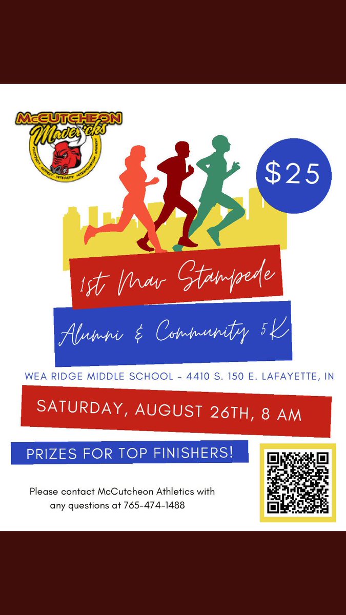 McCutcheon Boys XC (@mccxcmavericks) on Twitter photo Join us for a community 5k run/walk on Saturday August 26th at 8am! Prizes for the top finishers and proceeds benefit the XC programs! Scan the QR code to sign up now!
<a href="/mccutcheonmavs/">McCutcheon Athletics</a> <a href="/LadyMavsXC/">Lady Mavs XC</a> Join us for a community 5k run/walk on Saturday August 26th at 8am! Prizes for the top finishers and proceeds benefit the XC programs! Scan the QR code to sign up now!
<a href="/mccutcheonmavs/">McCutcheon Athletics</a> <a href="/LadyMavsXC/">Lady Mavs XC</a>