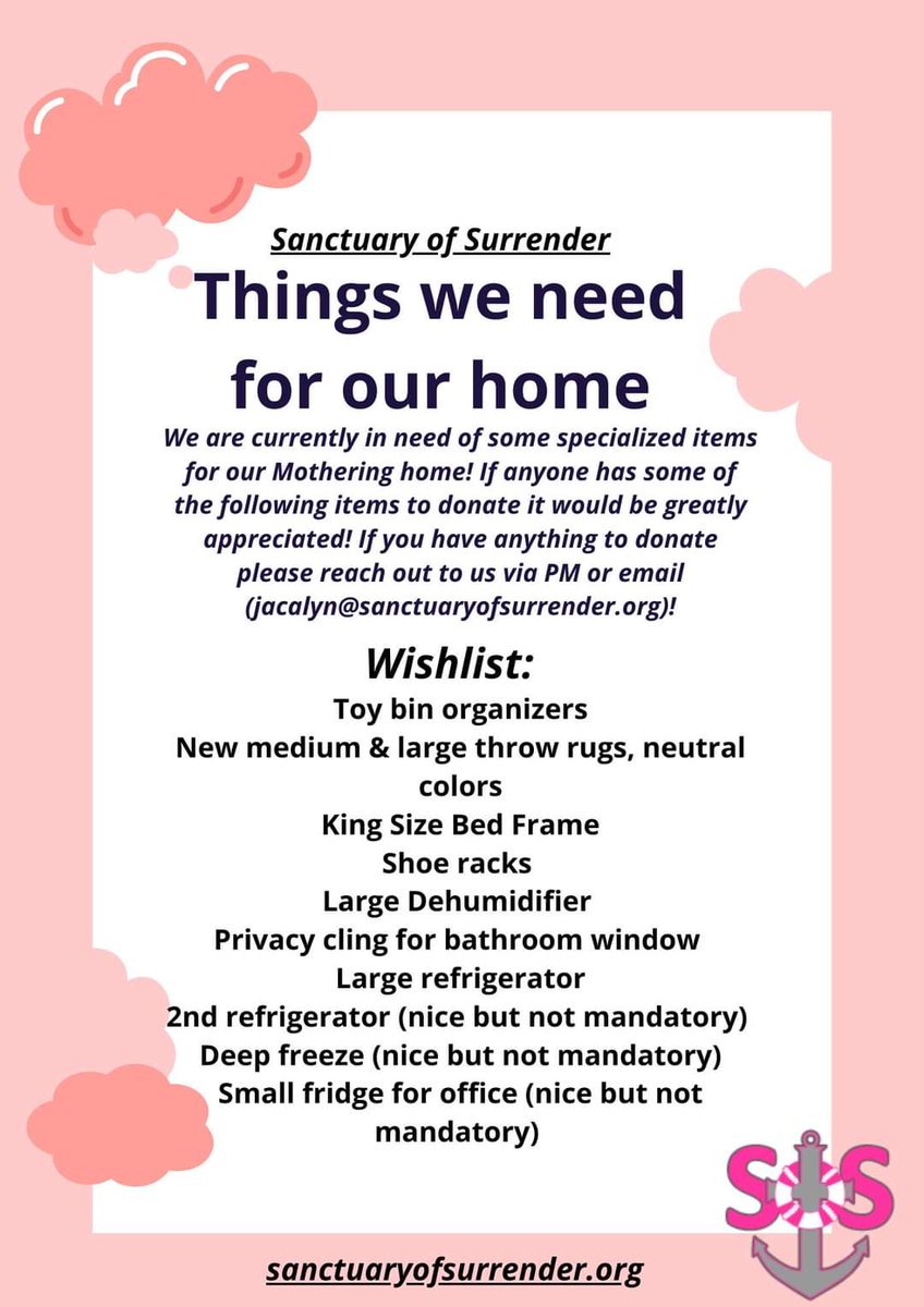 SanctofSurrend's tweet photo. We are currently in need of some specialized items for our Mothering home! If anyone has some of the items mentioned on our Wishlist it would be greatly appreciated! If you have anything to donate please reach to us via PM or email (Jacalyn@sanctuaryofsurrender.org)! https://t.co/NCPZlThitz