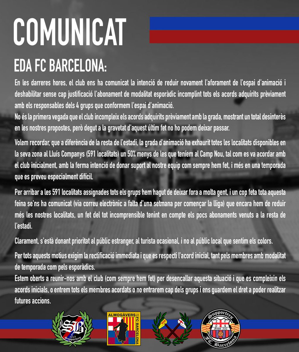 Comunicat conjunt dels grups d'animació EDA <a href="/FCBarcelona_cat/">FC Barcelona</a>
