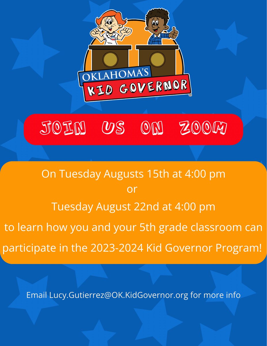 If you have any questions, please email the Oklahoma State Coordinator at Lucy.Gutierrez@OK.KidGovernor.org to learn more about this FREE civics education program for all 5th graders in our state!