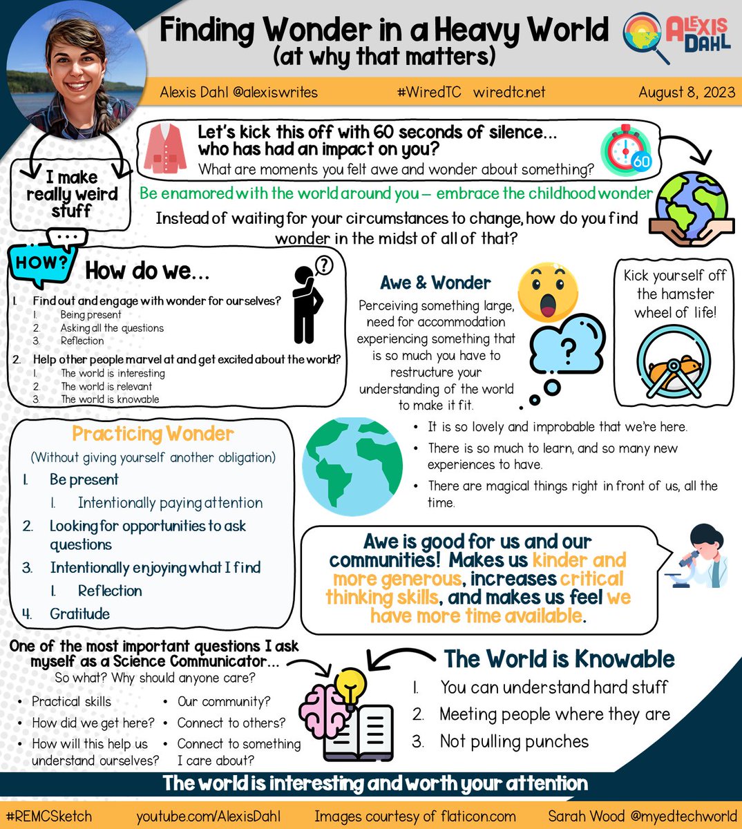 Hearing <a href="/alexiswrites/">Alexis Wright</a> speak today about awe and wonder really resonated with me as we move towards the start of the school year.  Never stop questioning, being curious, and exploring the world around you! #WiredTC <a href="/MilneP3/">Peter Milne</a> @brostromda <a href="/DreaWeiner/">Drea Weiner (she, her, hers)</a> #sketchnote #REMCsketch