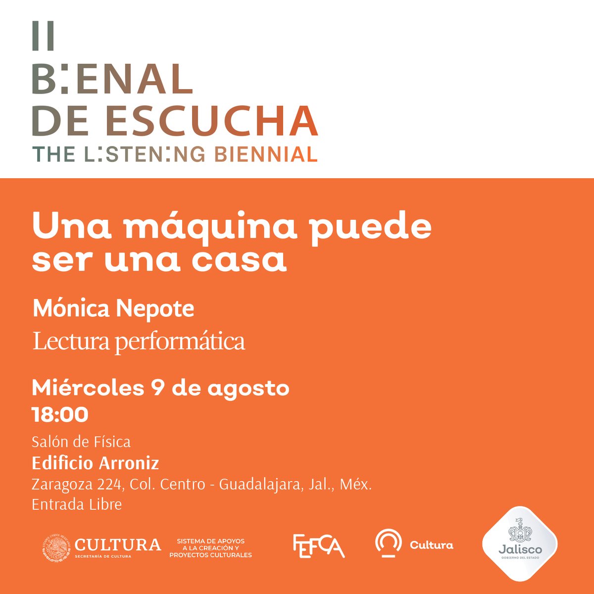 UNA MÁQUINA PUEDE SER UNA CASA
Lectura performática de <a href="/neponita/">Mónica Nepote</a>  (dedicada a las mujeres que trabajan con máquinas). Miércoles 9 de agosto a las 18 hrs. en el Edificio Arroniz. II Bienal de Escucha / The Listening Biennial.