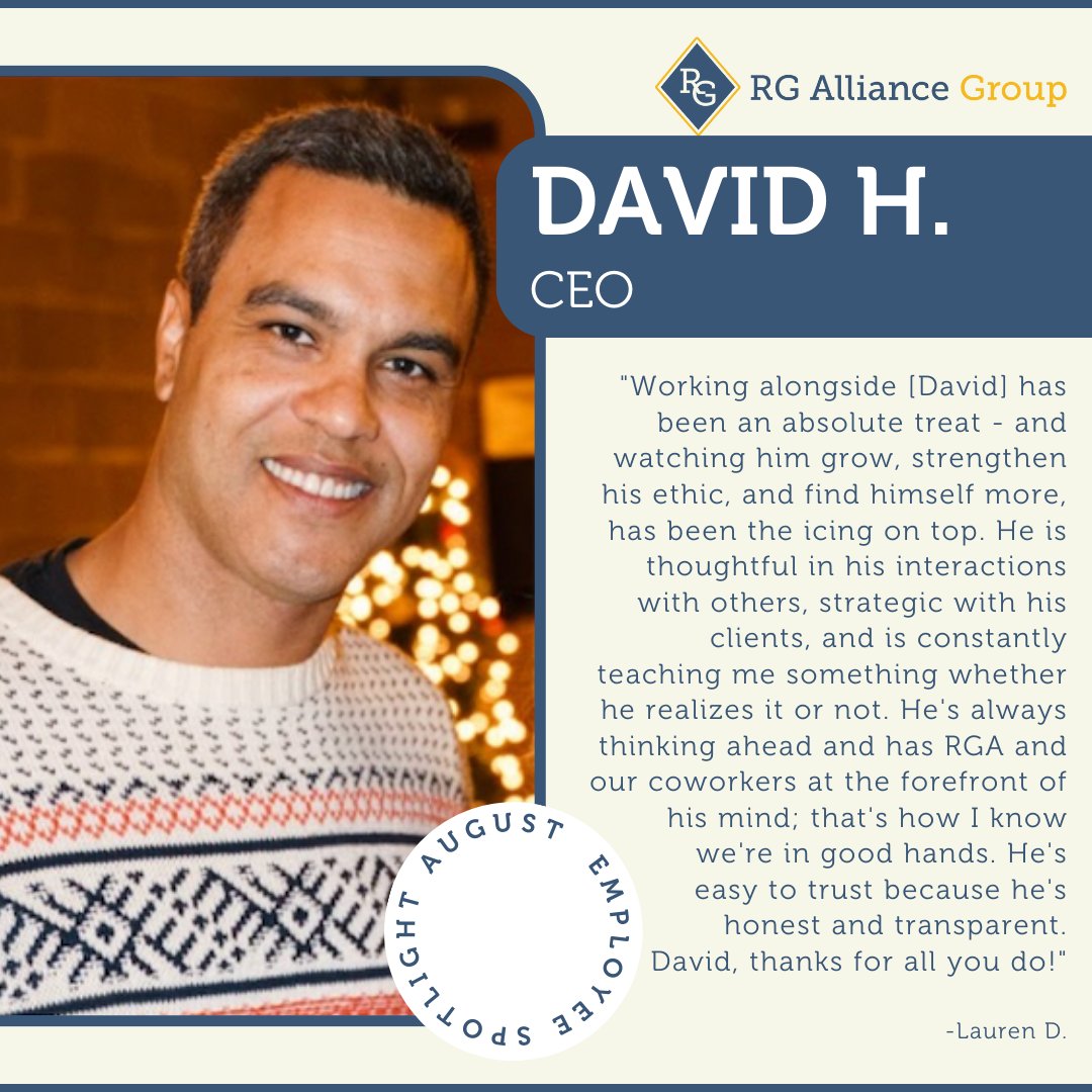 RGAllianceGroup's tweet photo. 🌟 Employee Spotlight: Celebrating David H., RGA's CEO! David's exceptional leadership has propelled the firm to new heights, all while fostering a thriving and supportive work environment. His commitment to the firm, has proven invaluable. Thank you for all you do, David! https://t.co/4cPDUwZxRY