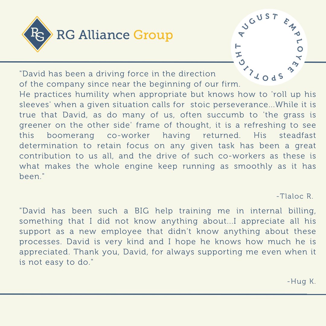 RGAllianceGroup's tweet photo. 🌟 Employee Spotlight: Celebrating David H., RGA's CEO! David's exceptional leadership has propelled the firm to new heights, all while fostering a thriving and supportive work environment. His commitment to the firm, has proven invaluable. Thank you for all you do, David! https://t.co/4cPDUwZxRY