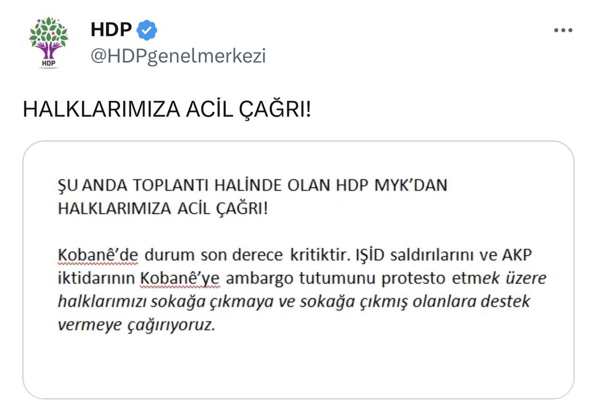“Halklarımız”, hukukçu, aydın ve entellektüellerimiz ve de siyasetçilerimiz!

Kobani dosyasında, Demirtaş ve arkadaşlarına, 6 Ekim 2014 tarihli aşağıdaki twit nedeniyle, en az 7 ağırlaştırılmış müebbet hapis cezası verilecek.

Şaka değil verilecek!

Yok mu bir sözünüz?