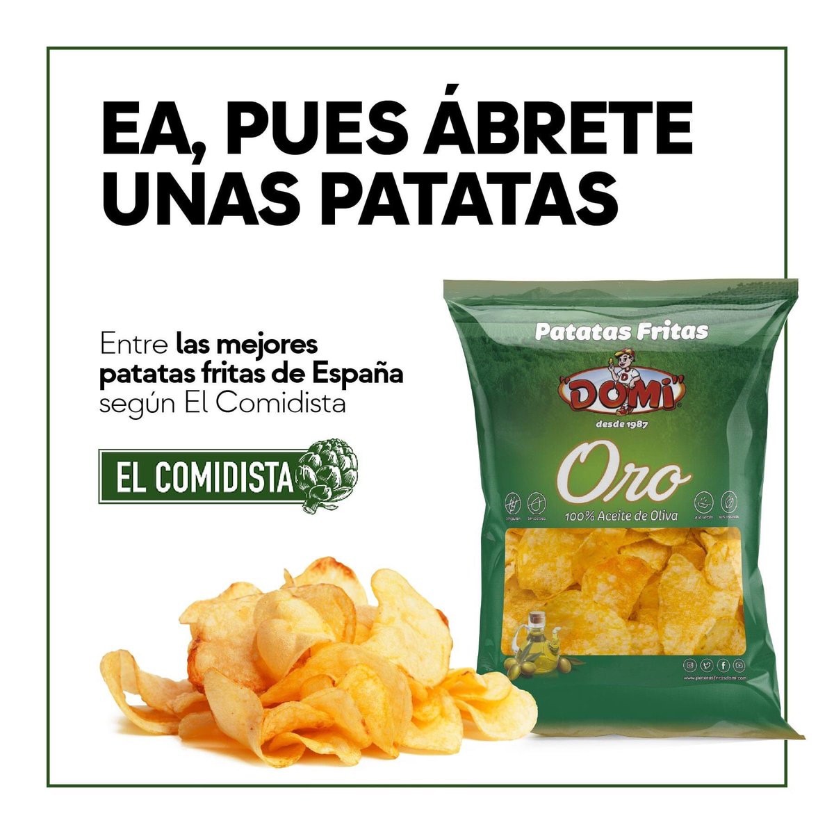 PatatasDomi's tweet photo. Vaya, vaya, vaya... 😎 Un millón de gracias por la mención en vuestro artículo El Comidista👍

¿Abrimos unas patatas para celebrarlo? ¡Ea! 😋

➡ https://t.co/suZbgvsohL

#patatasfritasdomi #patatas #patatasfritas #chips #españa #jaén https://t.co/I3gw4Od9o3