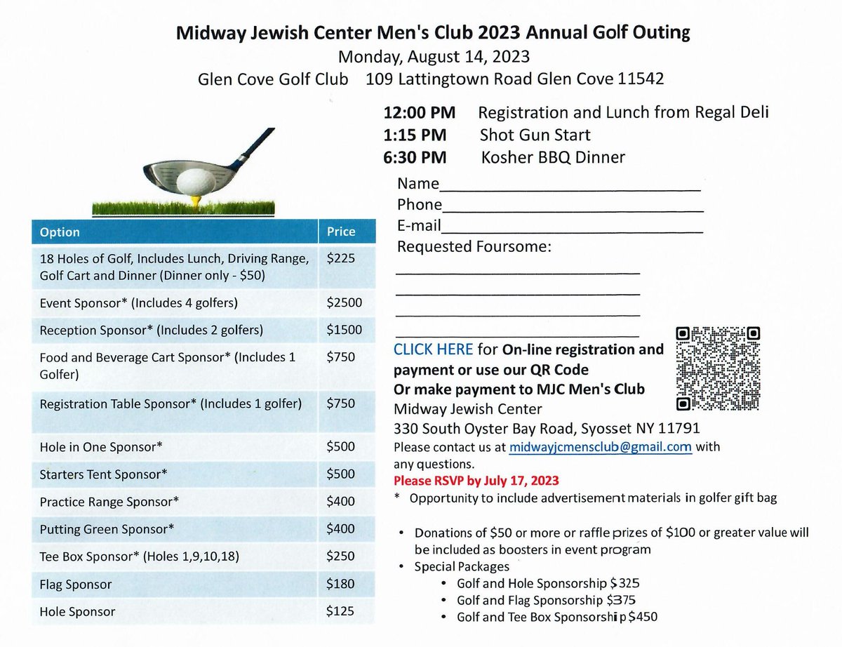 Midway Jewish Center Men’s Club
2023 Annual Golf Outing
Monday, August 14, 2023
12:00 PM – 8:00 PM
Glen Cove Golf Club
109 Lattingtown Road
Glen Cove, NY 11542

Visit the website: mjc.org

#fjmcnymetro #FJMC_hq #fjmc2023 #leadership #community #golf #fundraiser