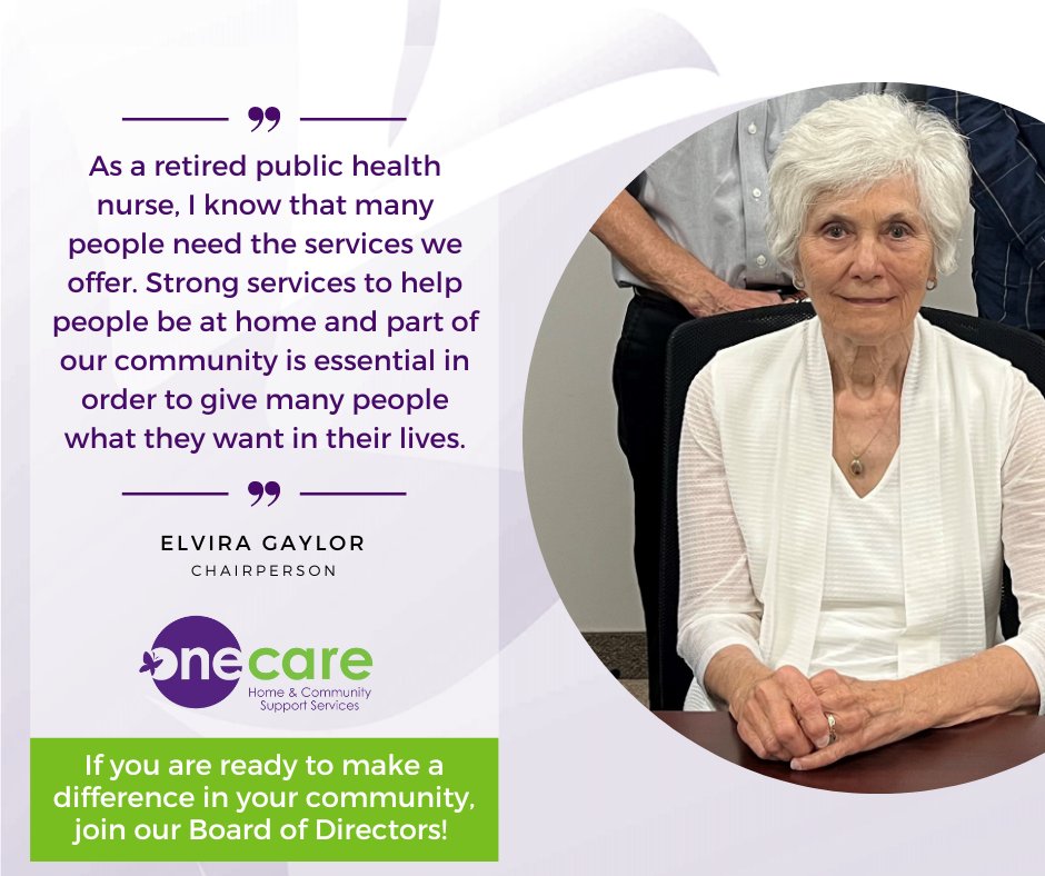 Chairperson, Elvira Gaylor, shares why she enjoys being on ONE CARE's Board of Directors.
Join our Board of Directors and contribute to making your community a caring and supportive place for seniors and people with health challenges! Apply today! onecaresupport.ca/about-us/gover…