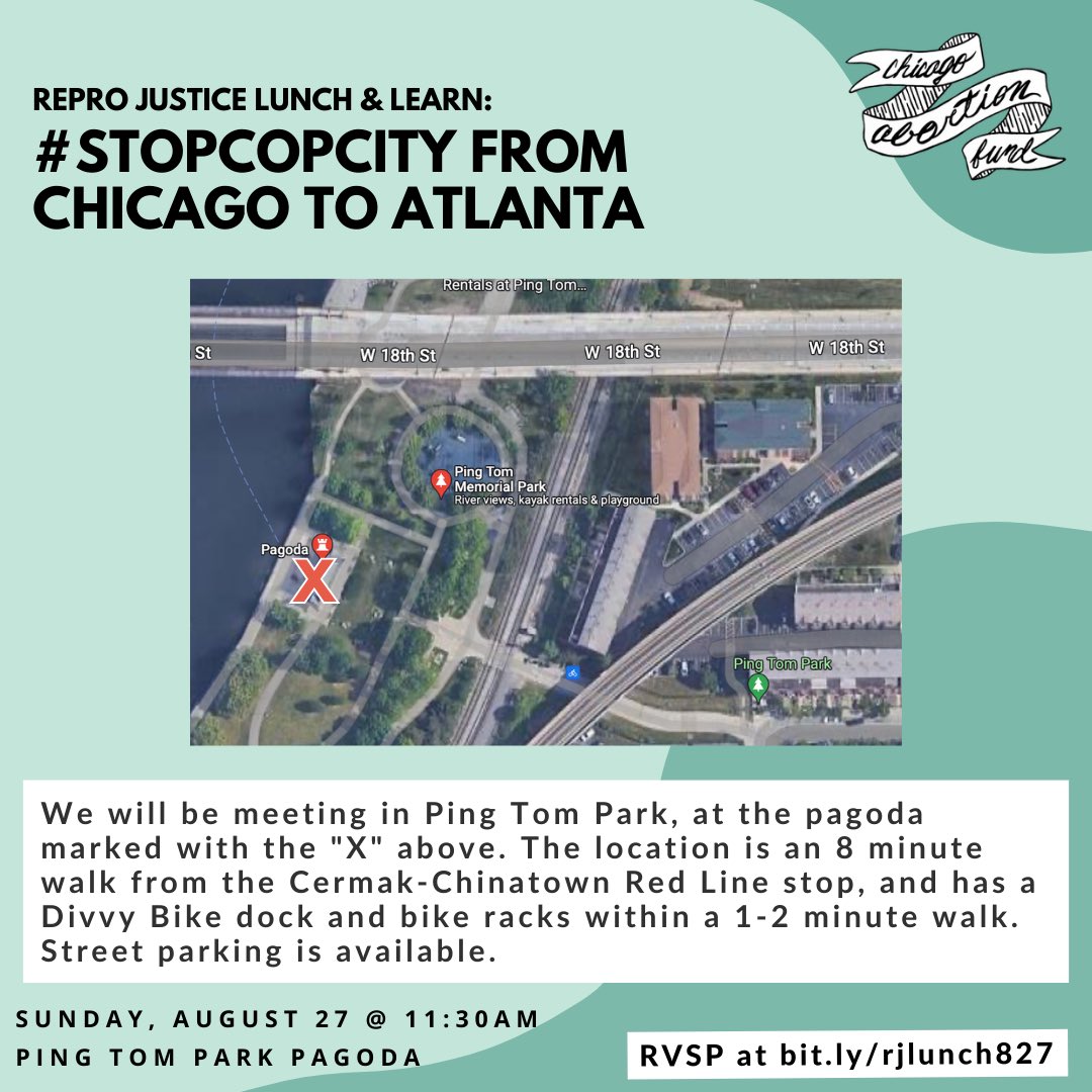 Join us for lunch on 8/27 to discuss the intersection of the repro justice and abolition 🤝‼️ You’ll hear from CAF, @stopshotspotter 🛑, + @BPNCchicago folks fighting for #TreatmentNotTrauma 🌱, & learn abt Chicago's connections to #StopCopCity

REGISTER: bit.ly/rjlunch827