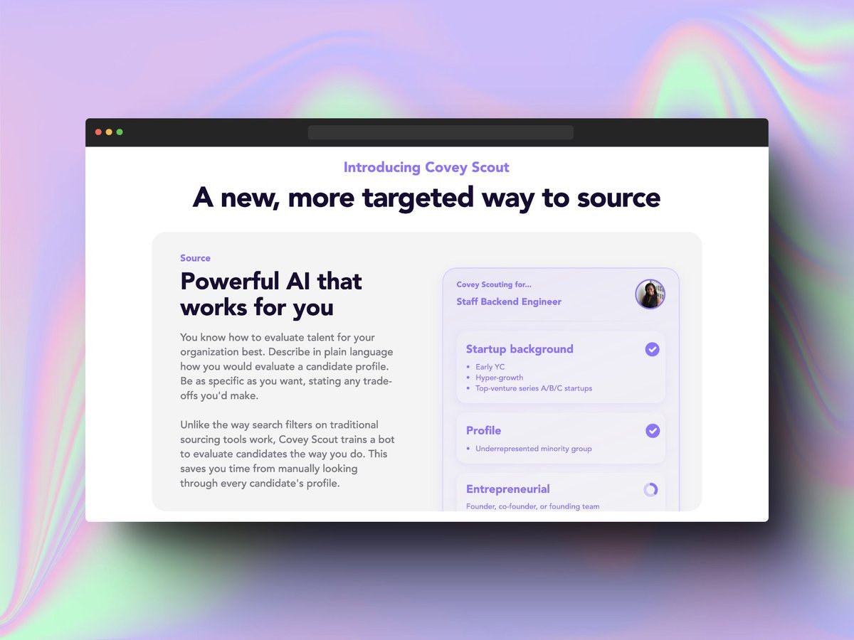 The biggest factor in determining your company's future success?

Your team.

If you want an edge, it's essential to have a robust recruiting process that enables you to easily identify and attract top talent.

<a href="/GetCovey/">Covey</a> can help ↓