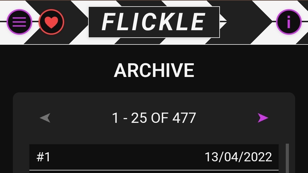 Flickle_App's tweet photo. The archive is here! 🎉

Now you can play through hours of past #Flickle content! Those daily rounds really add up, huh?

The archive is still a work in progress. If something doesn't look right, please let us know in our discord!

❤️🎬 https://t.co/kL4JBhmh1h