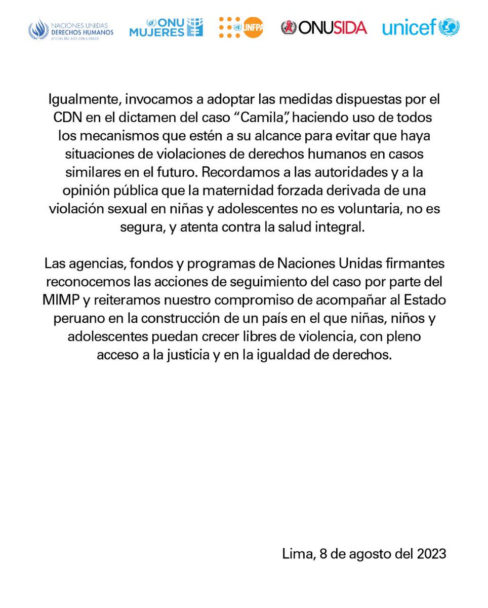 UNFPAPeru's tweet photo. .@OACNUDHPeru, @UnaidsLac, @ONUMujeres, @UNFPAPeru y @UNICEFperu expresan su profunda preocupación por un nuevo caso de vulneración a los derechos de una niña de 11 años, bajo el pseudónimo de Mila.

Lee el pronunciamiento aquí. ⬇️
https://t.co/eSGmk6hde5 https://t.co/IXMggMADpE