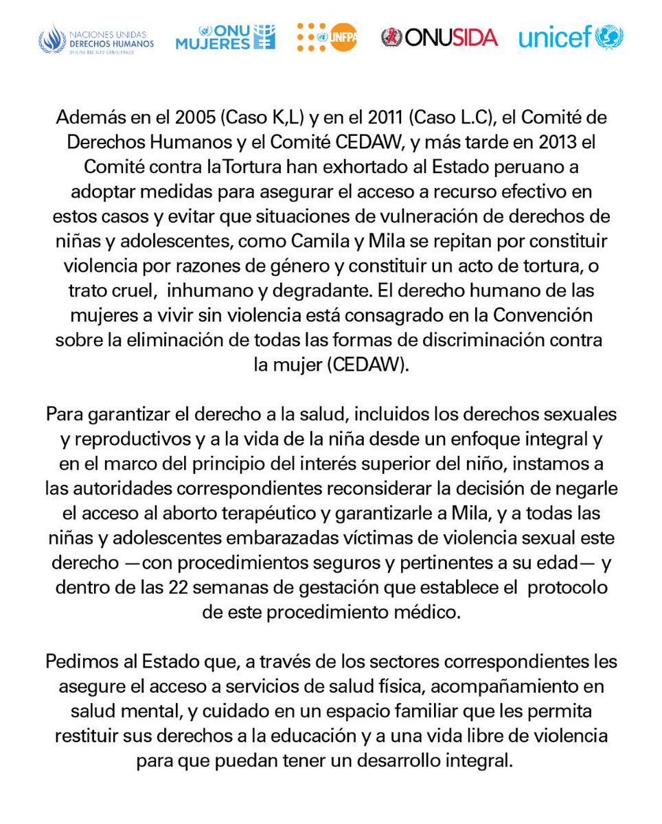 UNFPAPeru's tweet photo. .@OACNUDHPeru, @UnaidsLac, @ONUMujeres, @UNFPAPeru y @UNICEFperu expresan su profunda preocupación por un nuevo caso de vulneración a los derechos de una niña de 11 años, bajo el pseudónimo de Mila.

Lee el pronunciamiento aquí. ⬇️
https://t.co/eSGmk6hde5 https://t.co/IXMggMADpE