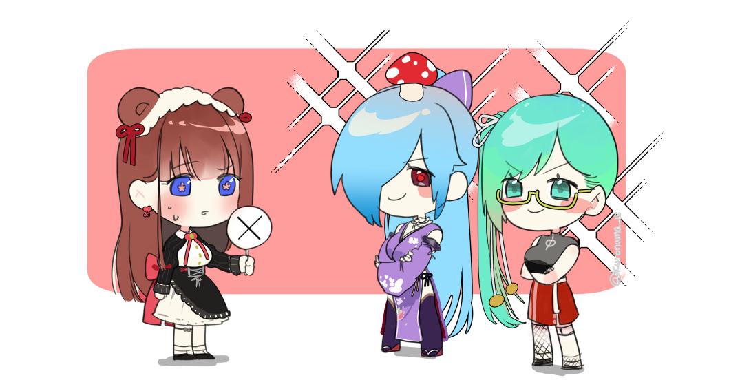 multiple girls 3girls japanese clothes chibi green hair brown hair hair over one eye  illustration images