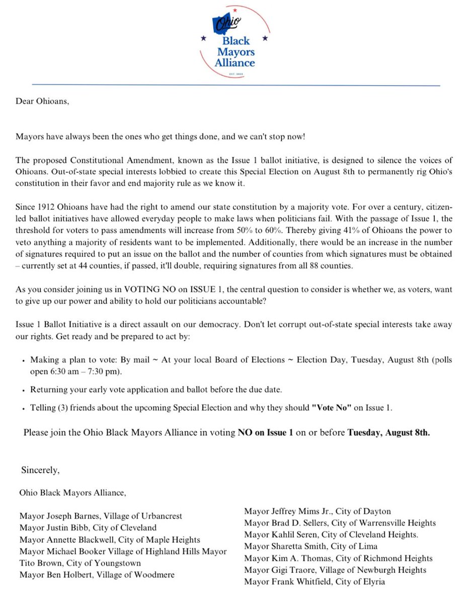 mayorgigitraore's tweet photo. Join Ohio Black Mayors Association in voting NO on Issue 1. Polls are open TODAY until 7:30pm. Confirm your polling location here: https://t.co/eSjqwOaomS https://t.co/GPntMwfb9Q