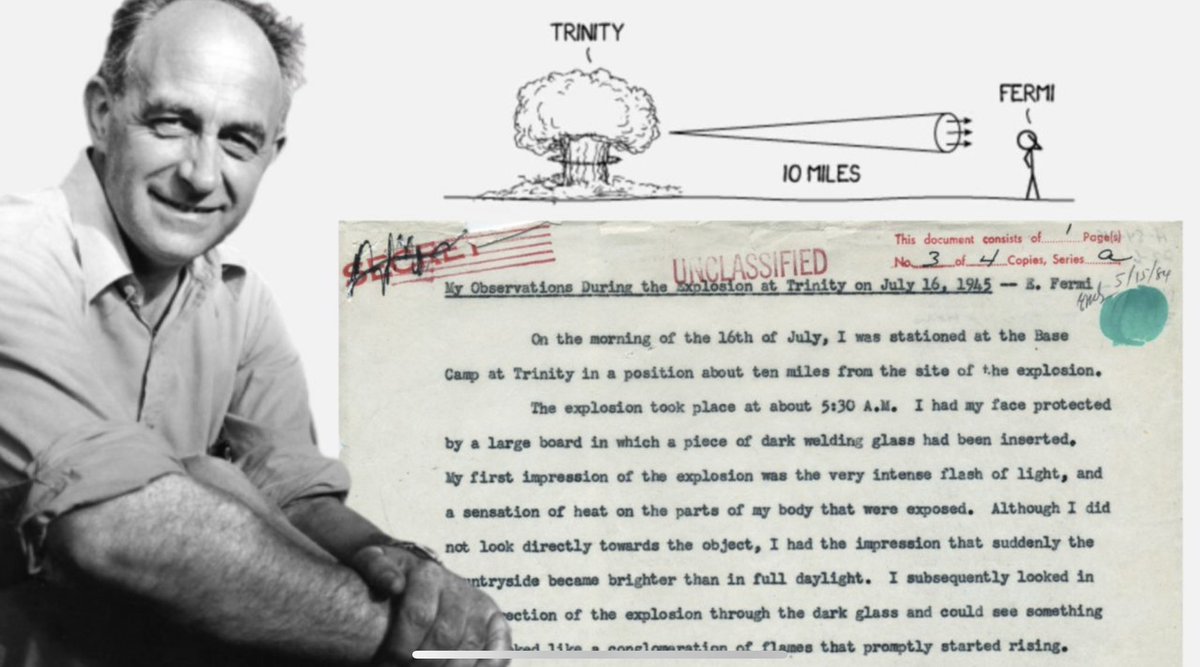 Fermi's estimation of the energy of the first nuclear weapon detonation (Trinity test) remains one of the most fascinating episodes in the history of the atomic bomb. Enrico Fermi, a mastermind of physics and known for his uncanny knack for calculations, demonstrated an