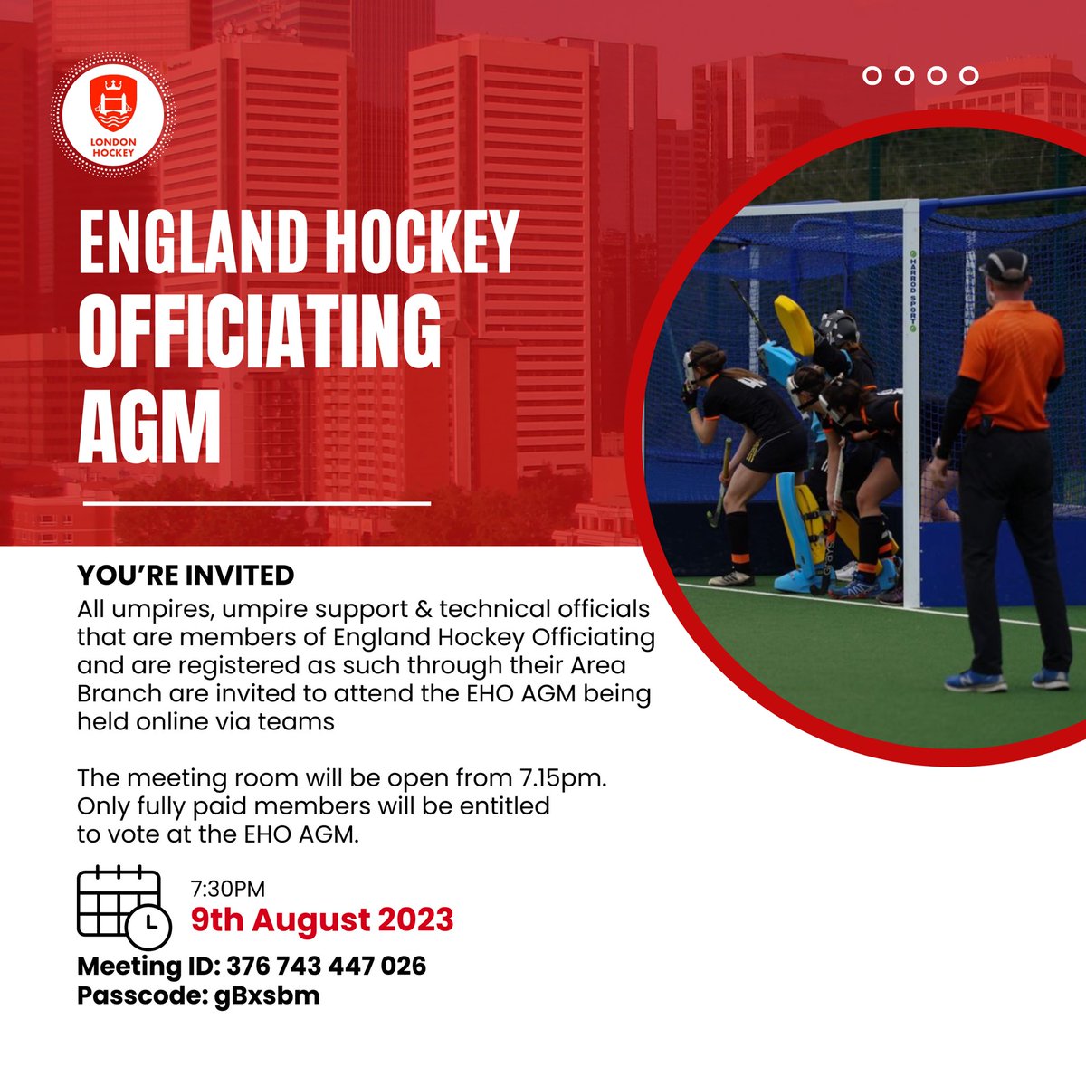 Don’t forget! Tomorrow the England Hockey Officiating AGM is being held on teams. All umpires, umpire support &amp; technical officials that are members of England Hockey Officiating and are registered as such through their Area Branch are invited to attend. #Englandhockeyofficiating