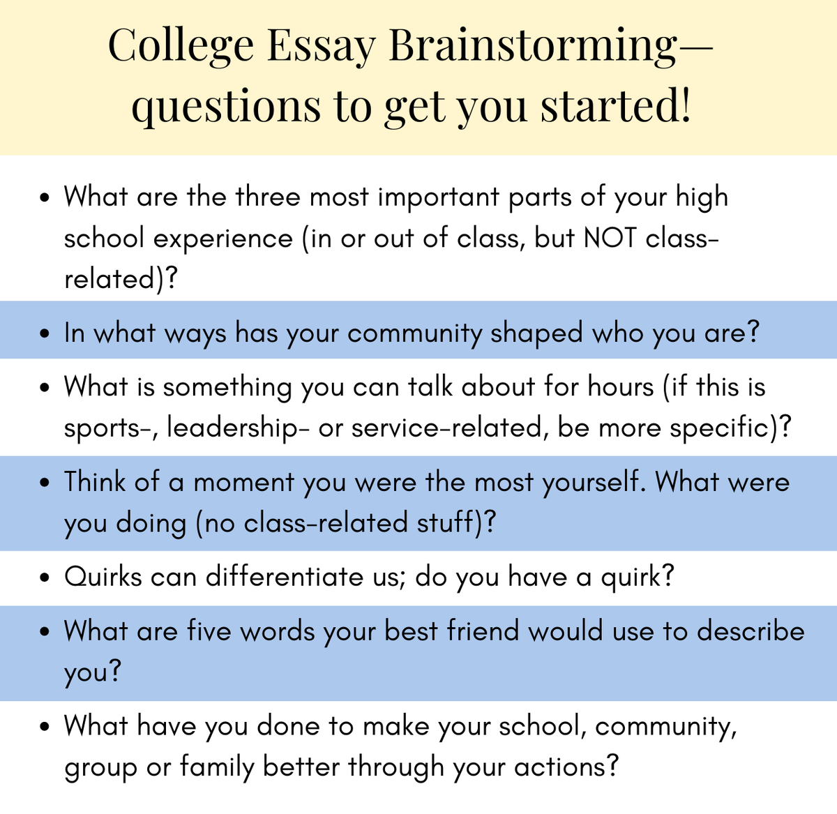 Here are some great brainstorming ideas to get you started on your college essays. Do you need help figuring out how many essays to write for each application? EMAIL ME: jennifer_lyons@mcpsmd.org! #collegeessays #collegeapplications #collegeprep #classof2024