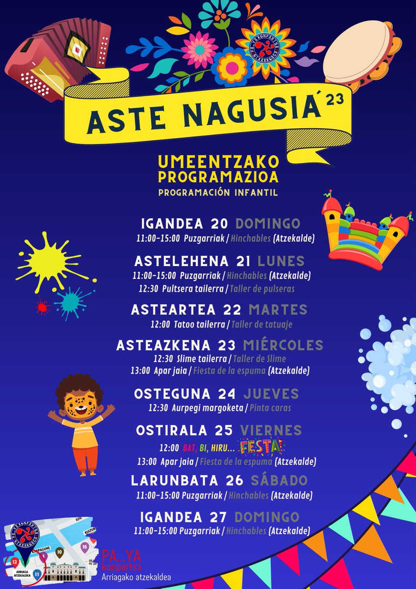 PaYaKonpartsa's tweet photo. EUS//Umeentzako egitaraua, aste nagusiaren etorkizuna direlako haientzako espazio propioa izango dugu.
#astenagusia2023 #atzerakontuabk #atzekaldea #GoraJaiHerrikoiak
CAS//Programación infantil, porque son el futuro de aste nagusia vamos a tener un espacios propio para ellas https://t.co/BRQ6erujIN