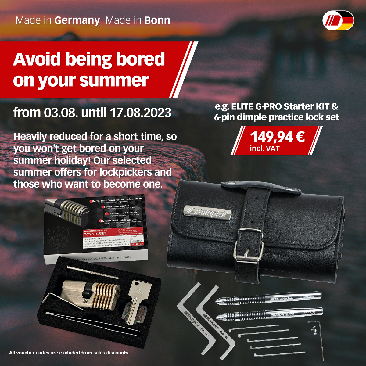 From 03.08. until 17.08.2023, we have some exciting offers. Today, EG-PRO Starter KIT &amp; 6-pin dimple practice lock set: tinyurl.com/25qah8rd
reveal the other offers we have for you in the coming days. Tip: Sign up for our newsletter so that you won't miss such offers again.