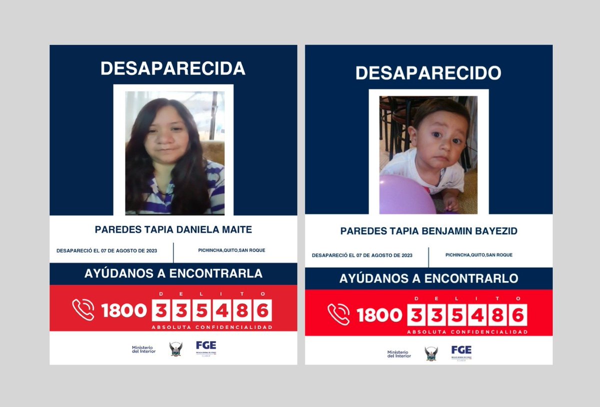 FiscaliaEcuador's tweet photo. #ATENCIÓN | #Pichincha: si tienes información sobre la ubicación de Daniela Maite Paredes Tapia y el niño Benjamín Bayezid Paredes Tapia, comunícate de inmediato con las autoridades. Desaparecieron el 7 de agosto de 2023 en #SanRoque, en #Quito. 

#DesaparecidosEcuador https://t.co/ZPsuI4RnP2