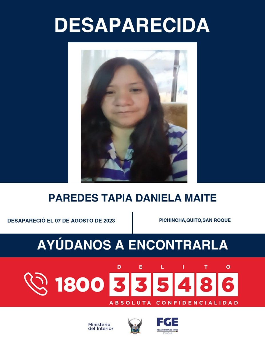 FiscaliaEcuador's tweet photo. #ATENCIÓN | #Pichincha: si tienes información sobre la ubicación de Daniela Maite Paredes Tapia y el niño Benjamín Bayezid Paredes Tapia, comunícate de inmediato con las autoridades. Desaparecieron el 7 de agosto de 2023 en #SanRoque, en #Quito. 

#DesaparecidosEcuador https://t.co/ZPsuI4RnP2