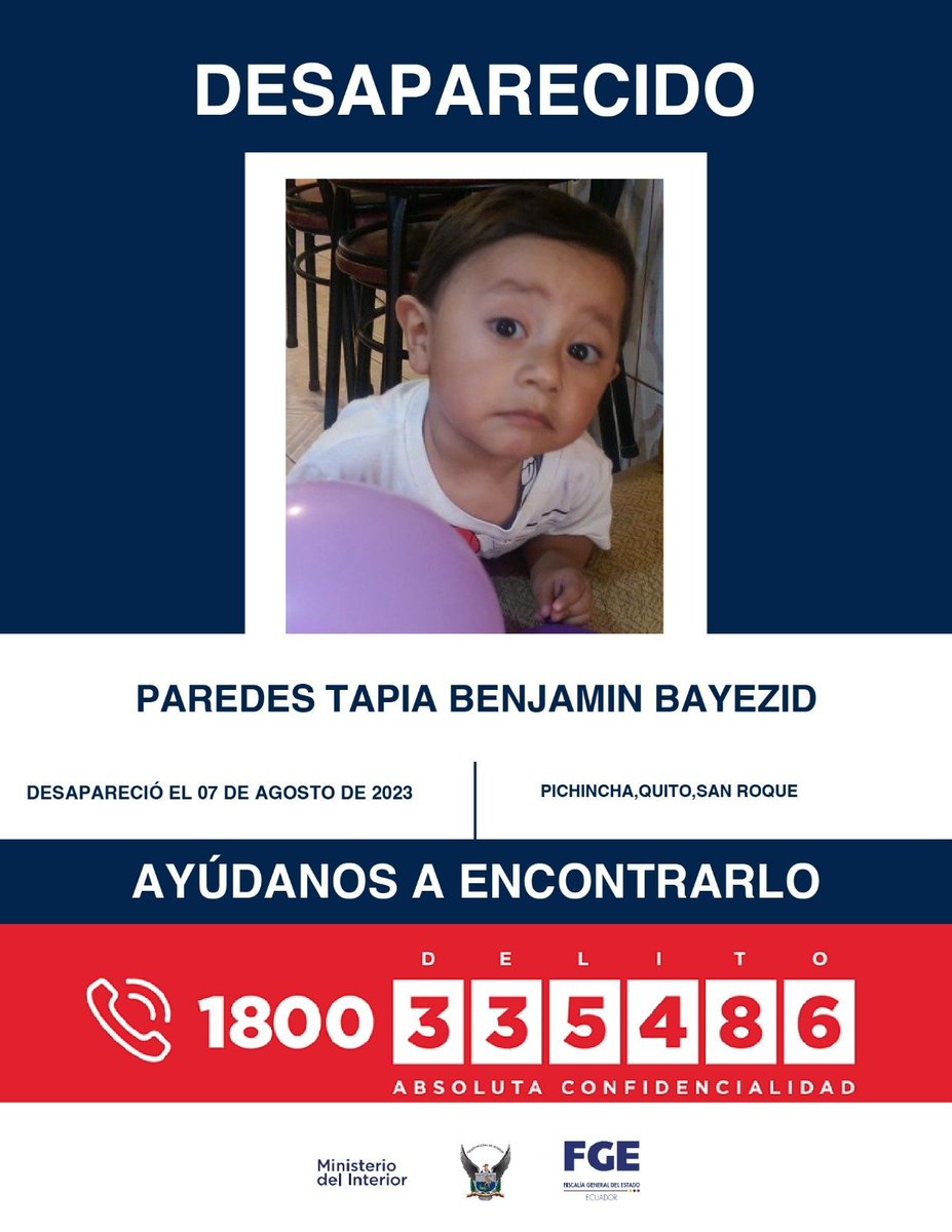 FiscaliaEcuador's tweet photo. #ATENCIÓN | #Pichincha: si tienes información sobre la ubicación de Daniela Maite Paredes Tapia y el niño Benjamín Bayezid Paredes Tapia, comunícate de inmediato con las autoridades. Desaparecieron el 7 de agosto de 2023 en #SanRoque, en #Quito. 

#DesaparecidosEcuador https://t.co/ZPsuI4RnP2