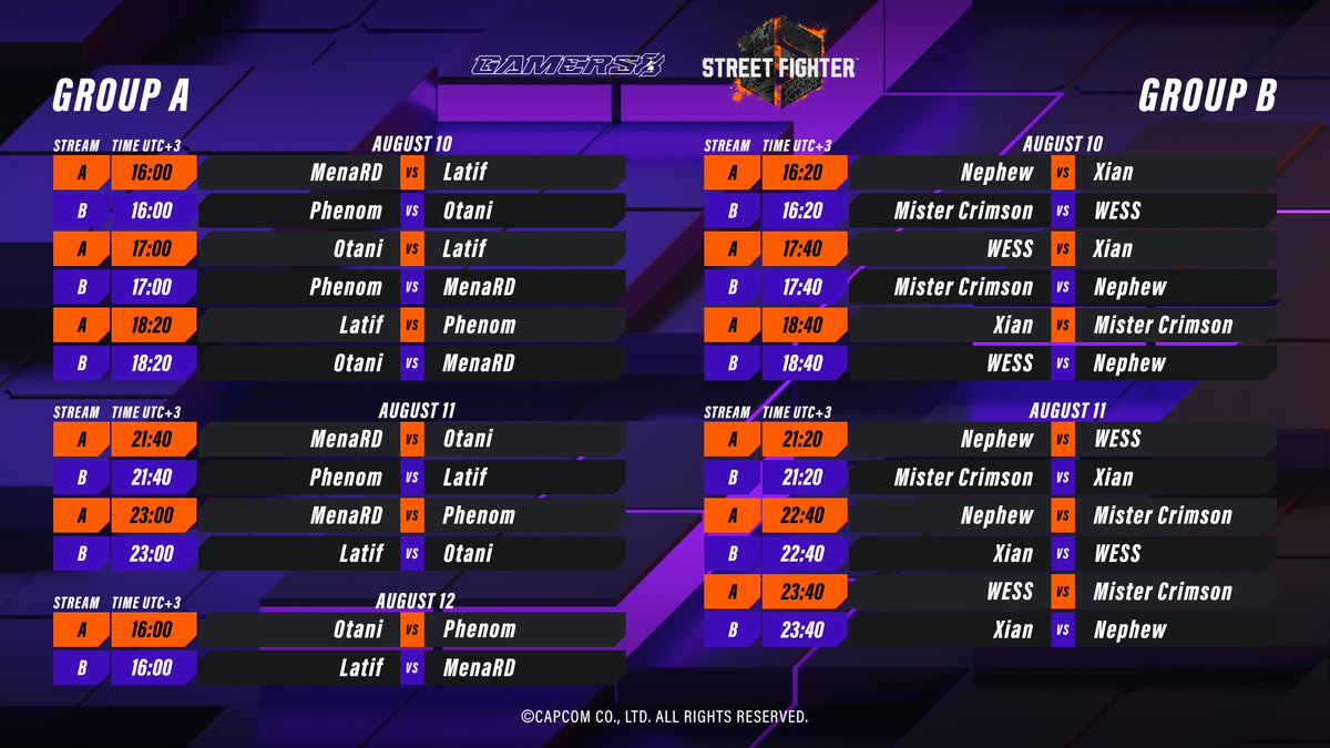 EWC_EN's tweet photo. Check out the full schedule for the #Gamers8 Street Fighter 6 Invitational! 👇🏆

Don’t miss any of the intense matchups from Groups A to H; we’re kicking off on August 10 🗓️

#TheLandOfHeroes https://t.co/1phL4JxmBv