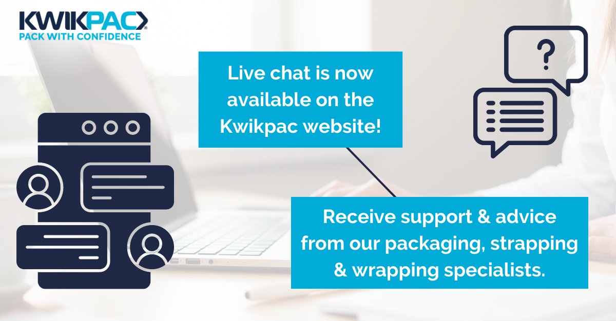 KwikpacLtd's tweet photo. Live chat is now available on the Kwikpac website. A member of our team will be available Mon-Fri to provide support and offer solutions to help you optimise your packaging, wrapping and strapping processes.
Visit our website today: https://t.co/ujJmwv2Pg5
#kwikpac #ukmfg https://t.co/fCXOQc1fSJ
