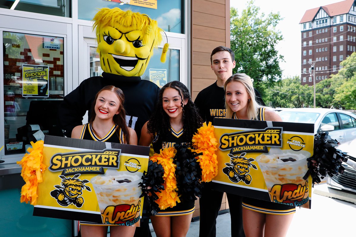 GoShockers's tweet photo. It's #NationalFrozenCustardDay! Celebrate with a Shocker Jackhammer at @EatAndys to support our student-athletes 🍦🌾 https://t.co/ODHLteSF0B