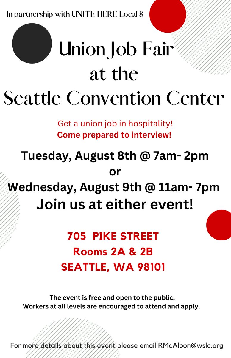 WAAFLCIO's tweet photo. TODAY and WEDNESDAY join @UniteHereLocal8 and local labor orgs for a ✨UNION JOB FAIR✨ at the #Seattle Convention Center. 

Grab your resume and come get a #UnionJob in hospitality! #1u https://t.co/egjxyECLZ9