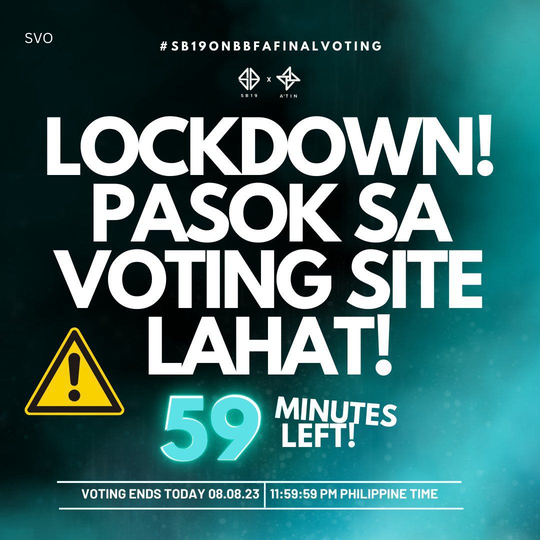 [ MASS VOTING ALERT ]

LAST 1 HOUR TO VOTE! ⚠️

This is our last hurrah to the competition! Let's go all-out and leave no regrets! We got this, A'TIN!

Cast your votes at billboard.com/music/music-ne…!

SB19xA'TIN for BBFanArmy
<a href="/SB19Official/">SB19 Official</a> #SB19
#IWANTYOUonWishBus