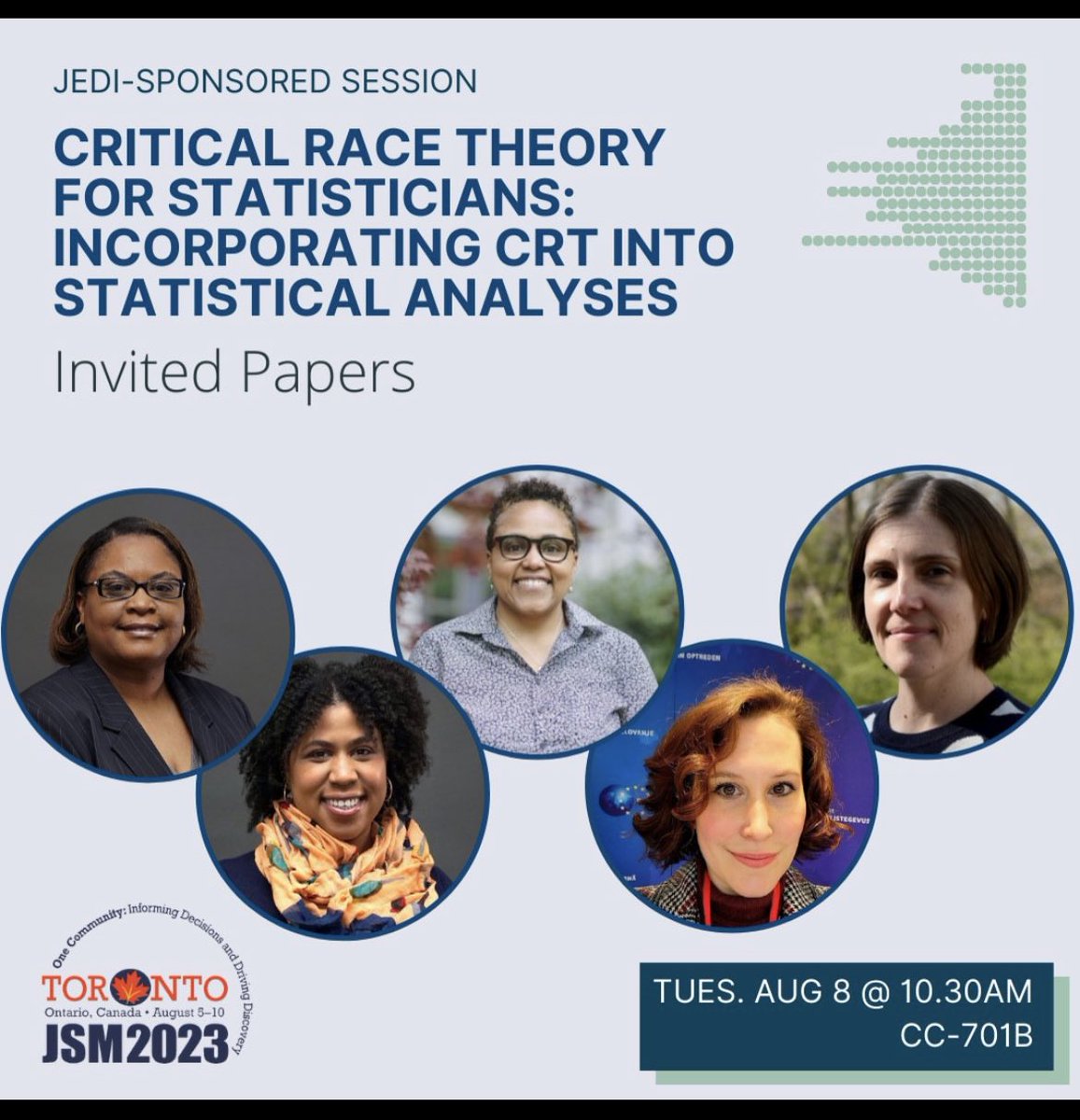 Happening now! #JEDIatJSM session on incorporating critical race theory to statistical analysis. Very excited for the next 2 hours. #jsm2023