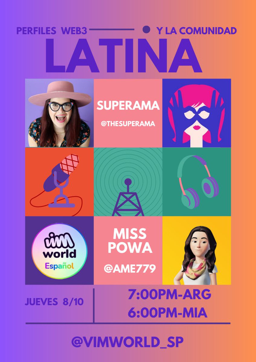 Vimworld_SP's tweet photo. GM #Latinos NFT feliz martes a todos.

Luego de una pequeña pausa en nuestro espacio semanal Perfiles #Web3 y la Comunidad Latina, volvemos con las pilas recargadas para nuestro episodio 12 junto a una invitada muy especial: @thesuperama con quien tendremos el gusto de  compartir y a quien podremos conocer más, junto a @ame779 y la comunidad de #VIMworld en español.

Este Jueves 10 de Agosto a las 7:00PM-ARG , 6:00PM-MIA pon tu recordatorio y los esperamos

#web3community

https://t.co/AyDs0lY5WS