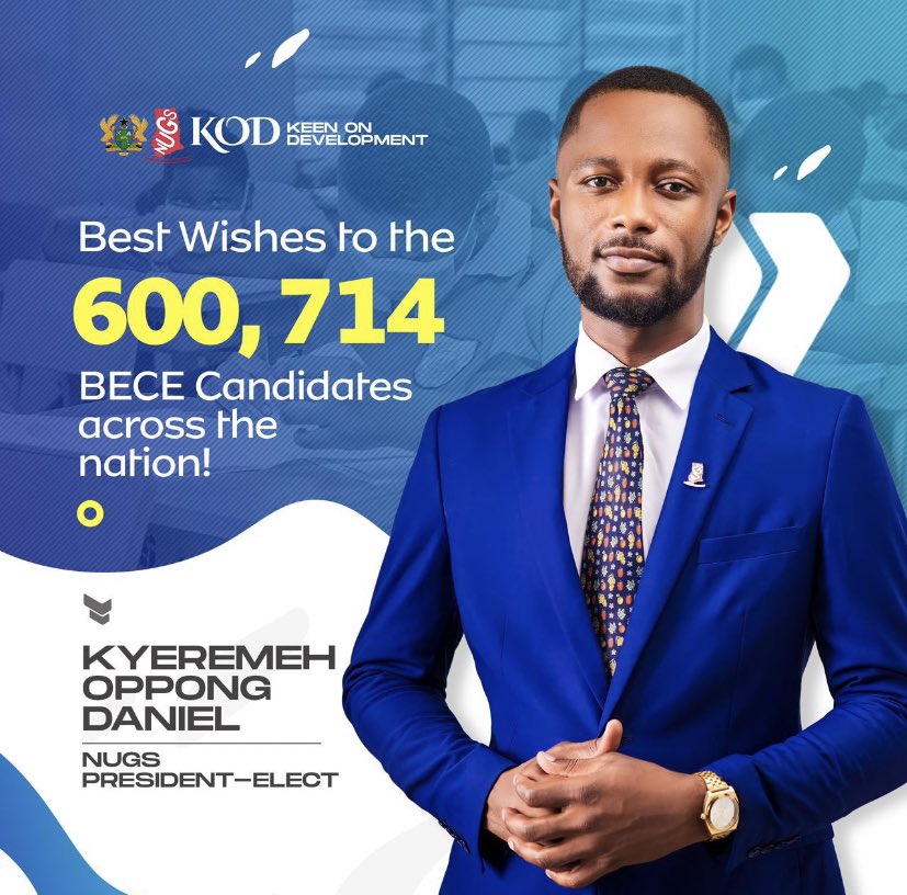 GrefDuah's tweet photo. The NUGS President Elect wishes all students sitting for the Basic Education Certificate Examination this week the best
It has been years of preparing for this examination, your toil will definitely yield good results
Best wishes
#KEENONDEVELOPMENT
#NYAMENEHENE
#NUGSPRESELECT https://t.co/IwunJAf359