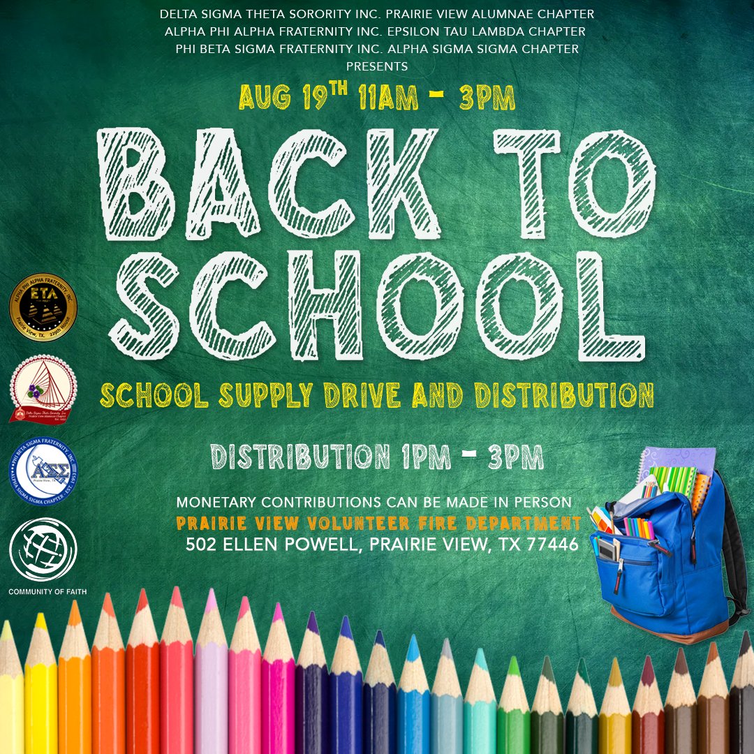 It's back to school time! Hempstead ISD families are invited to a Back to School Drive on Aug. 19. School supplies will be distributed from 1 to 3 p.m., at the Praire View Volunteer Fire Department. Stop by for free snacks, a Live DJ, and immunization info.