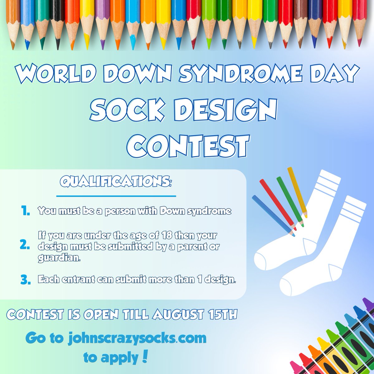 National Down Syndrome Society (@ndss) on Twitter photo Want to design socks for #WDSD? We’re partnering with <a href="/DSiupdate/">Down Syndrome International (DSi)</a> and <a href="/JohnsCrazySocks/">John's Crazy Socks</a> for a sock design contest!🧦10% of the sale price of each pair of socks will be donated - split evenly between DSI and NDSS. Submit your design by 8/15 at johnscrazysocks.com/pages/world-do…! Want to design socks for #WDSD? We’re partnering with <a href="/DSiupdate/">Down Syndrome International (DSi)</a> and <a href="/JohnsCrazySocks/">John's Crazy Socks</a> for a sock design contest!🧦10% of the sale price of each pair of socks will be donated - split evenly between DSI and NDSS. Submit your design by 8/15 at johnscrazysocks.com/pages/world-do…!