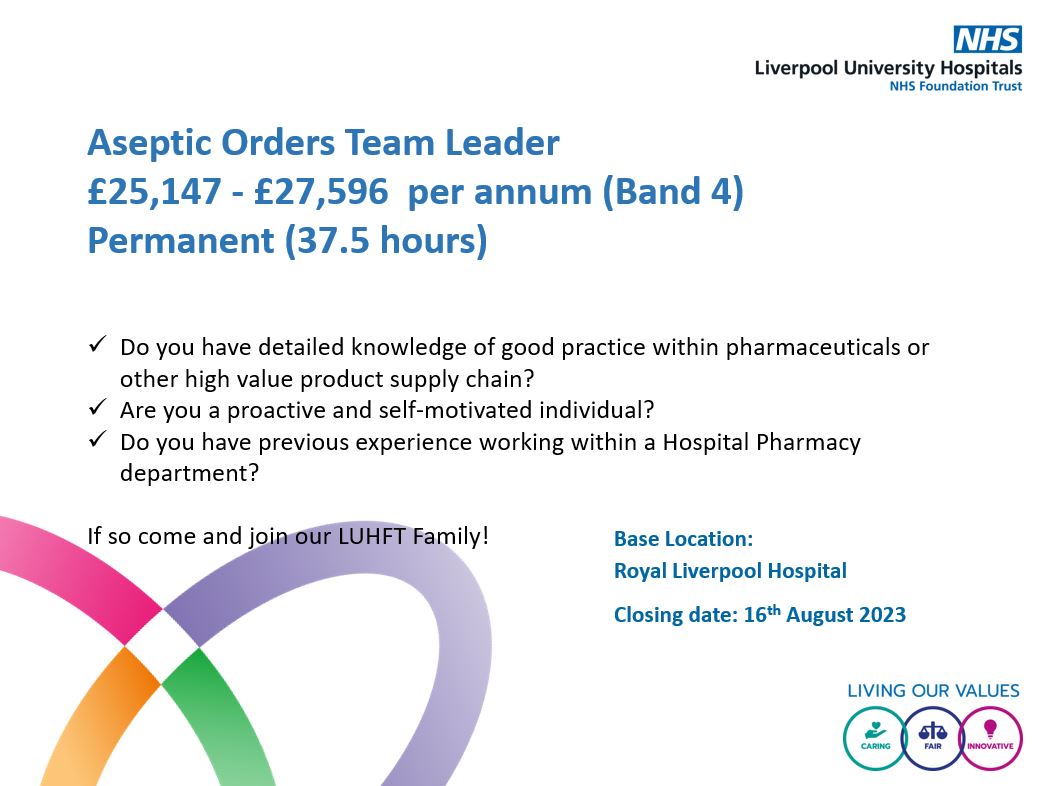 Our Pharmacy Department are looking to recruit an Aseptic Orders Team Leader at our Royal site! 💊

Please click the below link for further details and submit your application:
 
 tinyurl.com/2z5tw5uz