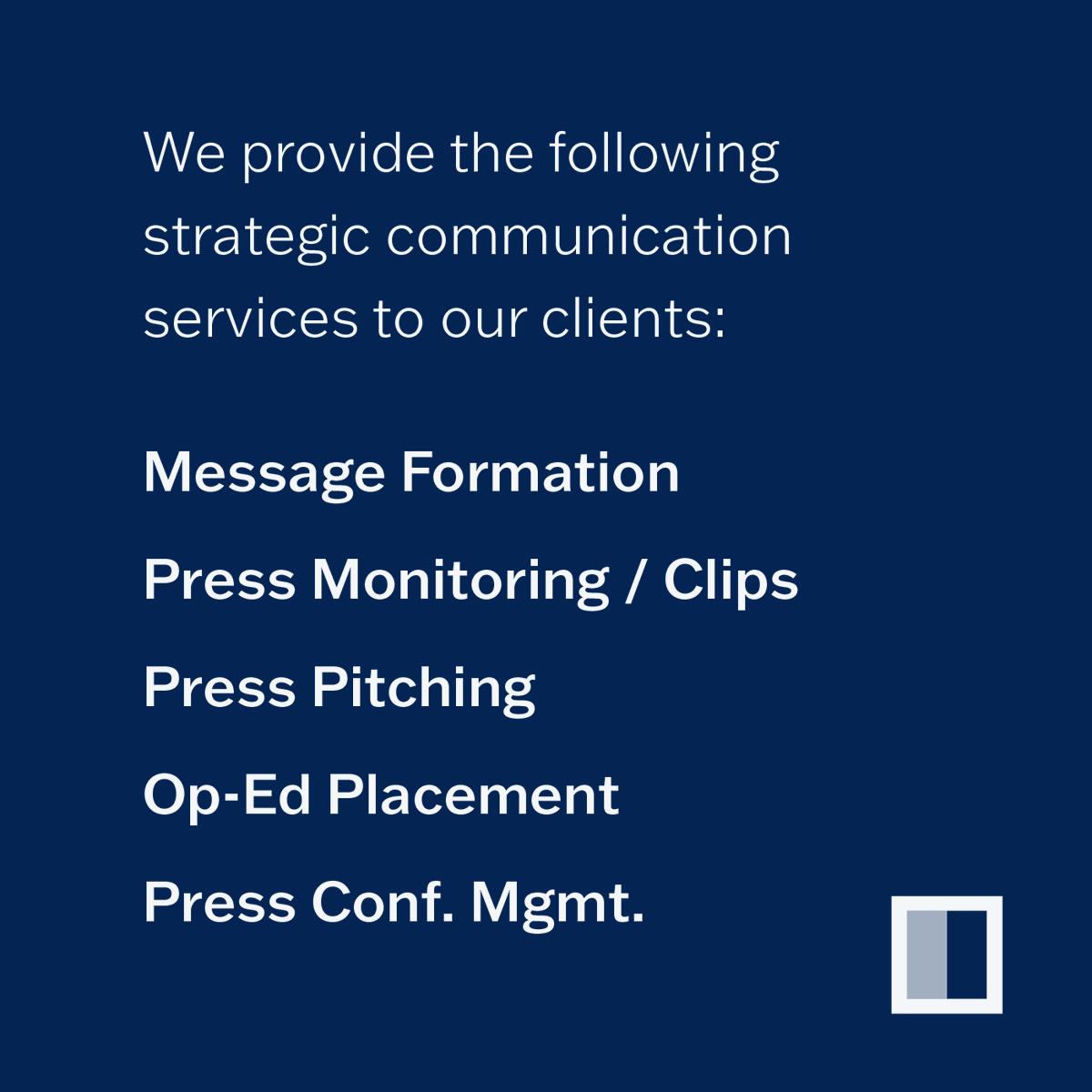 FellsGroup's tweet photo. Over the next couple weeks, Fells Group will be highlighting the services our agency offers. Our agency works with clients to build messaging strategies that can then be incorporated into compelling creative, cross-platform campaigns, and media communications. When messaging is straightforward and consistent, narratives become stronger and louder. Additionally, we have experience managing press advisories and events – our agency has audio and video resources that may be utilized.

→ https://t.co/BBi0EnAcoh