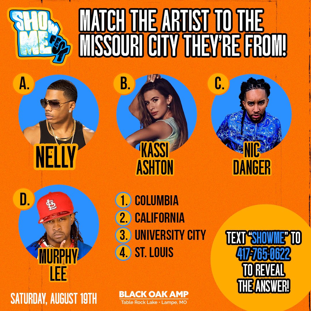 We can't wait to welcome Missouri's finest to #BlackOakAmp on August 19th! Can you match the artists to the Missouri city they're from? ✨🤔 Text "ShowMe" to 417-765-0622 to reveal the answer and get your tickets at etix.com/ticket/p/46631…