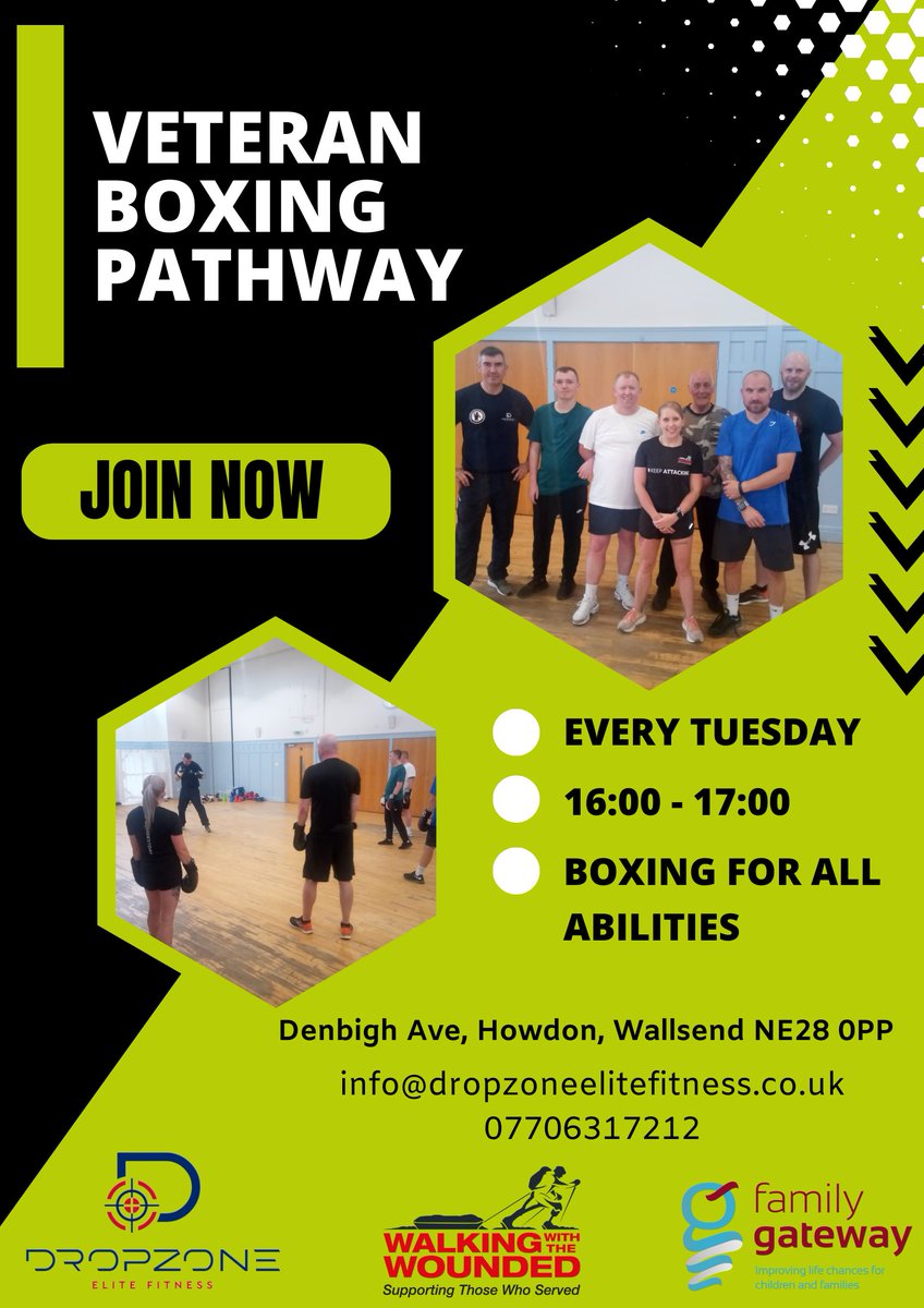 FamilyGatewayUK's tweet photo. We've partnered with @dzelitefitness and @supportthewalk to run some free boxing sessions for #veterans and their families ๐ฅ
You can email info@dropzoneelitefitness.co.uk to learn more ๐ง
#veteranssport #howdon #communitysport https://t.co/Pg5zAexsow
